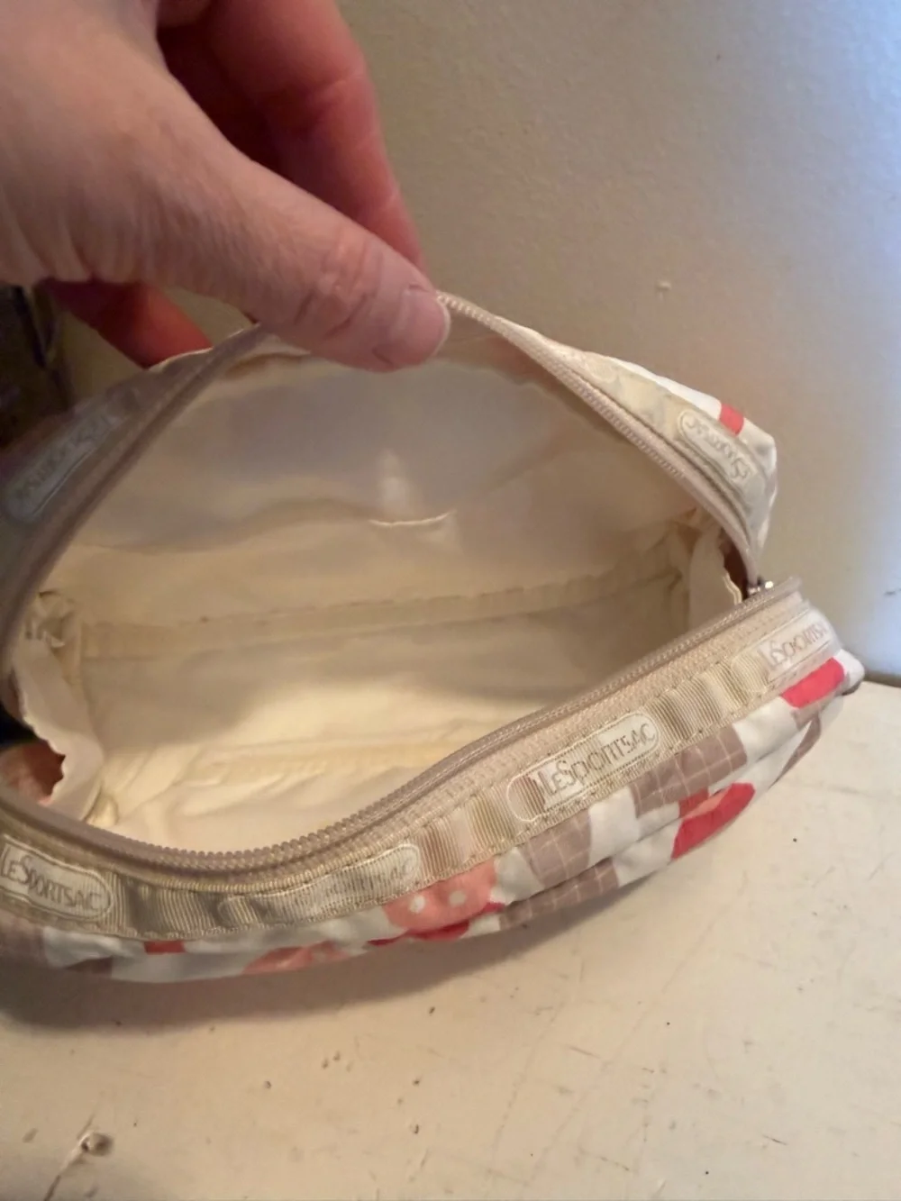 Lesportsac Cream Cosmetic Pouch with Coral & Taupe Ice Cream Print